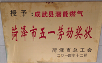 成武县yy易游体育燃气有限公司获得2014年度“菏泽市五一劳动奖状”及“菏泽市学习型组织标兵单位”称号